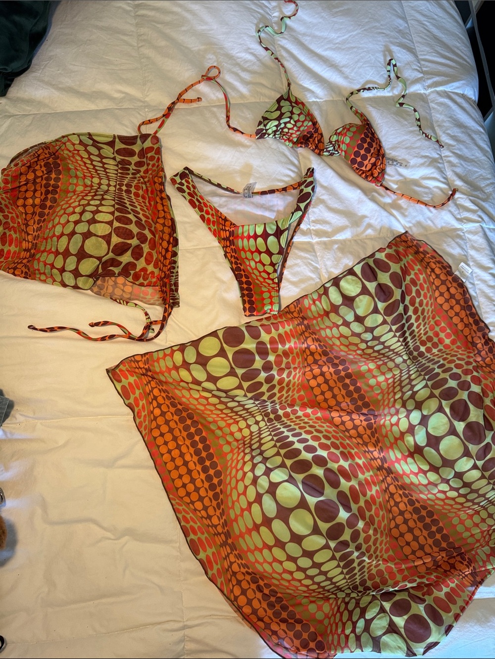 Retro Geo Print Bikini Set with Matching Sarong - Orange & Lime